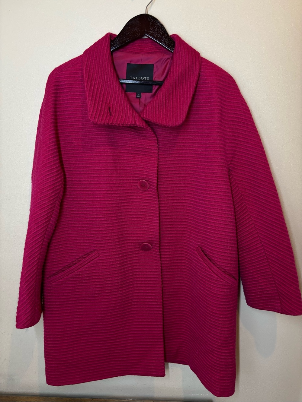 Talbots Magenta Ribbed Single-Breasted Pea Coat, wool blend, size 12